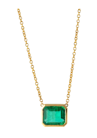 2.08 carat emerald  bezel set necklace on a 18k yelllow gold chain