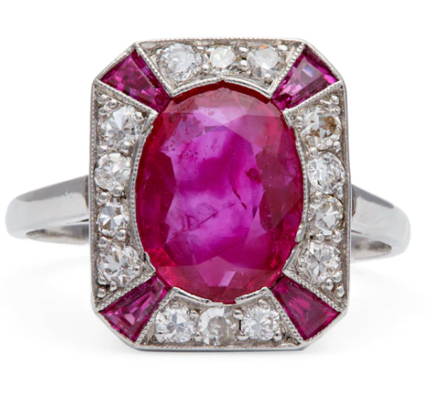 Art deco burma no heat ruby diamond dinner ring