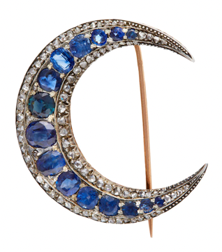 Antique french sapphire diamond 18k rose gold silver crescent moon brooch 