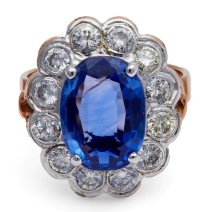 Vintage GIA 5.80 carat ceylon no heat sapphire diamond ring on a 14k rose gold cluster ring