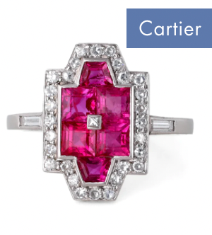 Cartier art deco ruby diamond dinner ring on a platinum setting