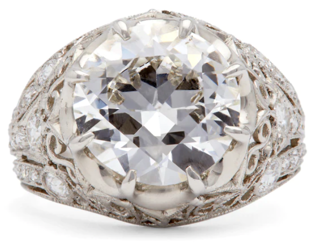 装饰艺术 gia 3.80 克拉过渡切割钻石花丝戒指，铂金镶嵌