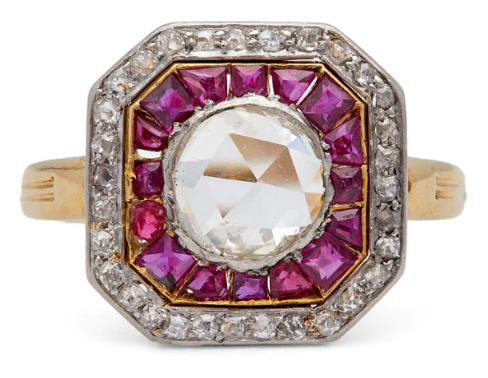 Antique 0.77 carat rose cut diamond and ruby ring on a 18k yellow gold platinum setting