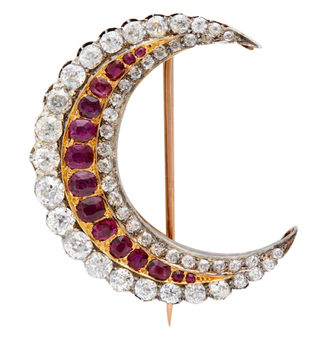 Antique french ruby diamond moon brooch on a 18k rose gold silver setting