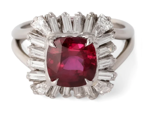 Mid century GIA 3.20 carat thailand ruby diamond ballerina ring on a platinum setting