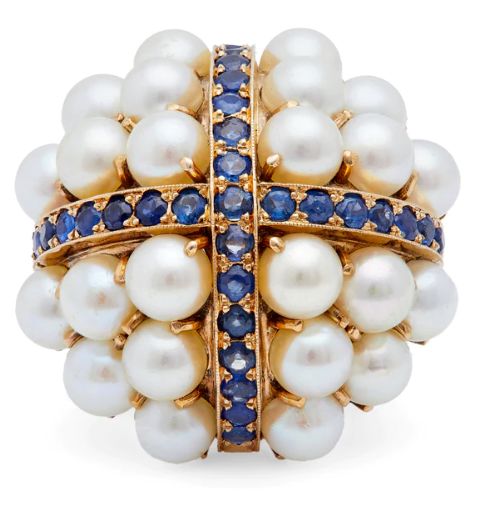 Mid century pearl and sapphire cocktail ring on a 14k yellow gold setting