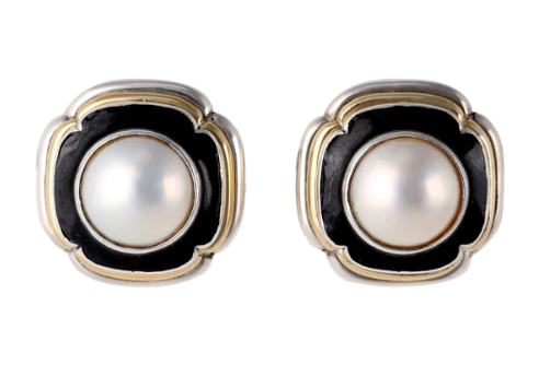Retro cartier pearl black enamel earrings on a sterling silver 18k gold setting