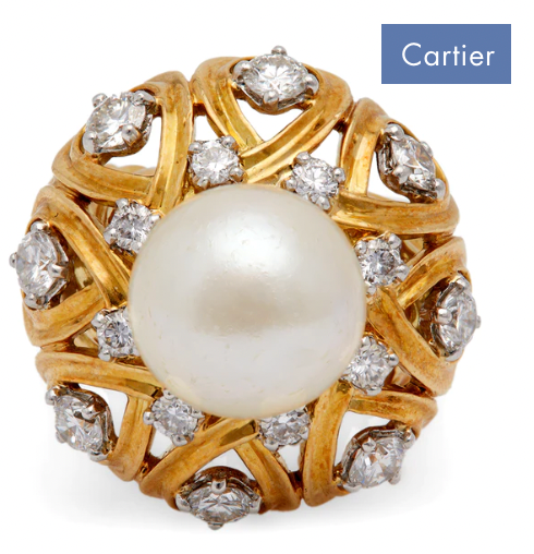 Mid century cartier pearl and diamond cocktail ring on a 18k yellow gold setting