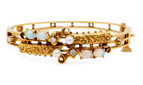 Victorian Revival opal, diamond and pearl hinged cuff bracelet on a 14k yellow gold setting