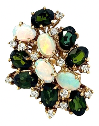 Vintage opal tourmaline diamond cocktail ring on a 18 karat yellow gold setting