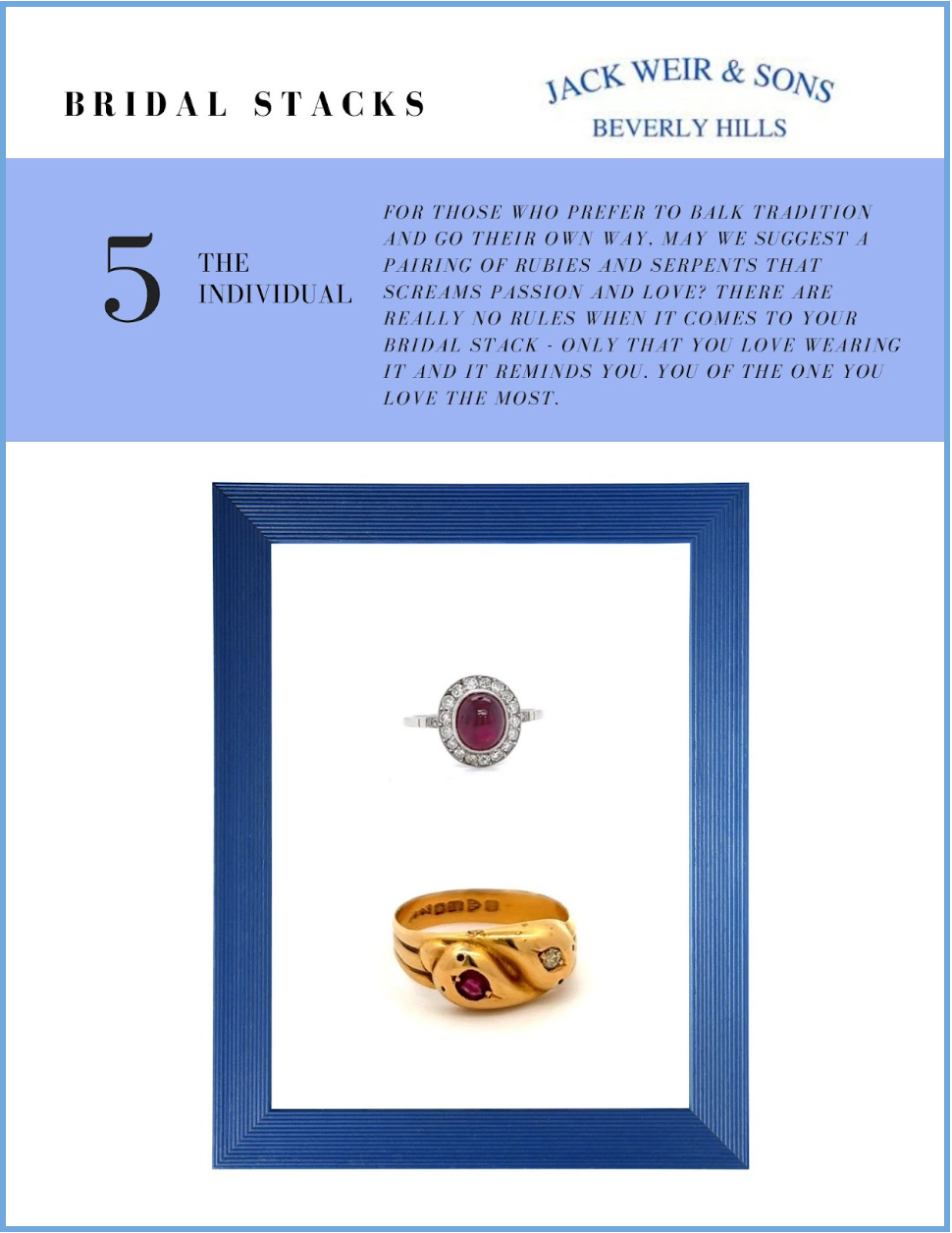 A Ruby and Diamond Ring and a wrapped panther ring sit on a white background with copy that discusses how you shouldn't let traditions dictate what you wear on your finger if you don't want to! 