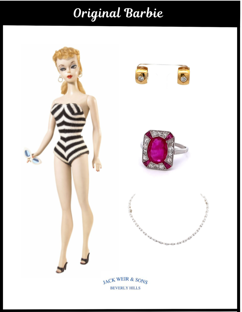 Original barbie with our diamond huggies, ruby cocktail ring and diamond tennis necklace