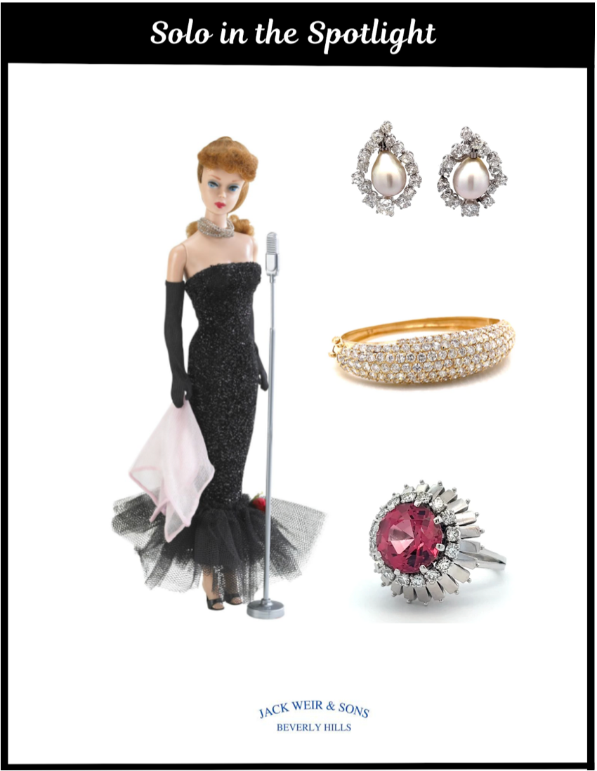 Barbie media along with our diamond and pave earrings, pave diamond bracelet and pink sapphire diamond ring