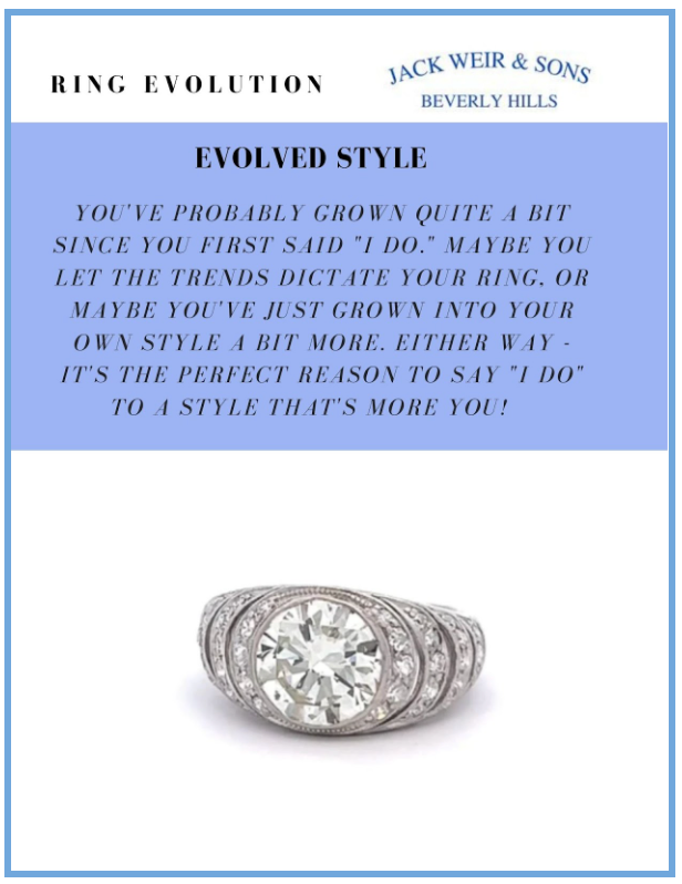 Large Diamond Ring on White Background with copy that talks about how a diamond from an original engagement ring can be used in a new setting to better suit your current style.