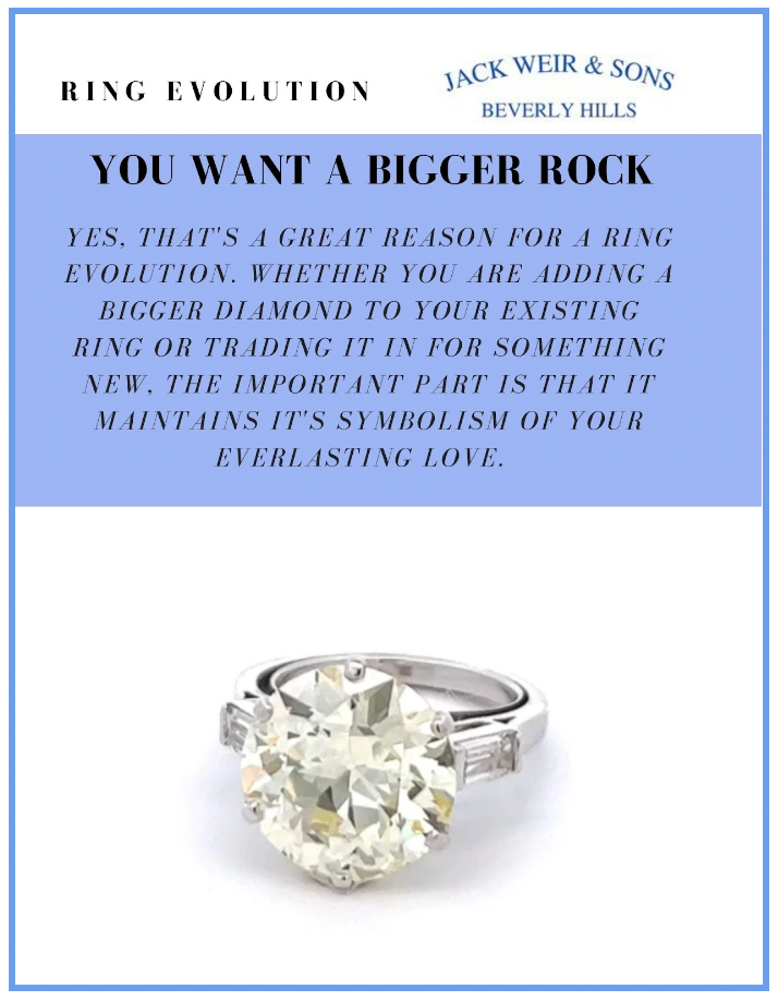 Diamond Engagement ring on white background with copy about how to upgrade your original engagement ring to include a bigger center diamond.