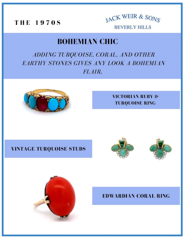 A coral ring, a multi stone turquoise ring and a pair of turqouise earrings sit on white background with copy about how adding natural stones to your everyday look can add a bit of bohochic to it.