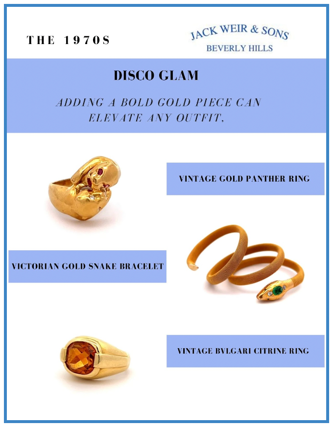 A double panther gold ring, a gold and citrine ring and a gold snake bracelet sit on a white background with copy about how to amplify any outfit by including a piece of jewelry that would have fit right in at studio 54.