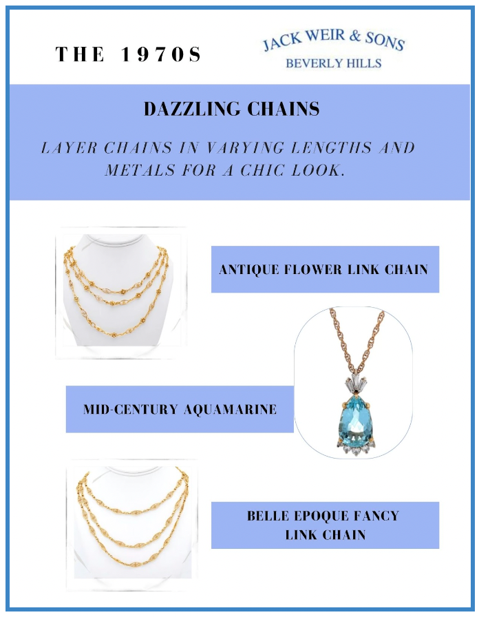 A floral gold chain, a fancy link gold chain and an aquamarine pendant sit on a white background with copy about how adding and layering chains to your everyday look can add a chic appeal.