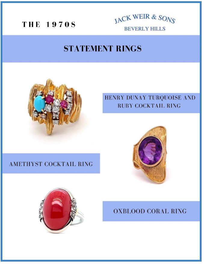 A ruby and turquoise gold ring, gold and amethyst ring and coral ring sit on a white background.