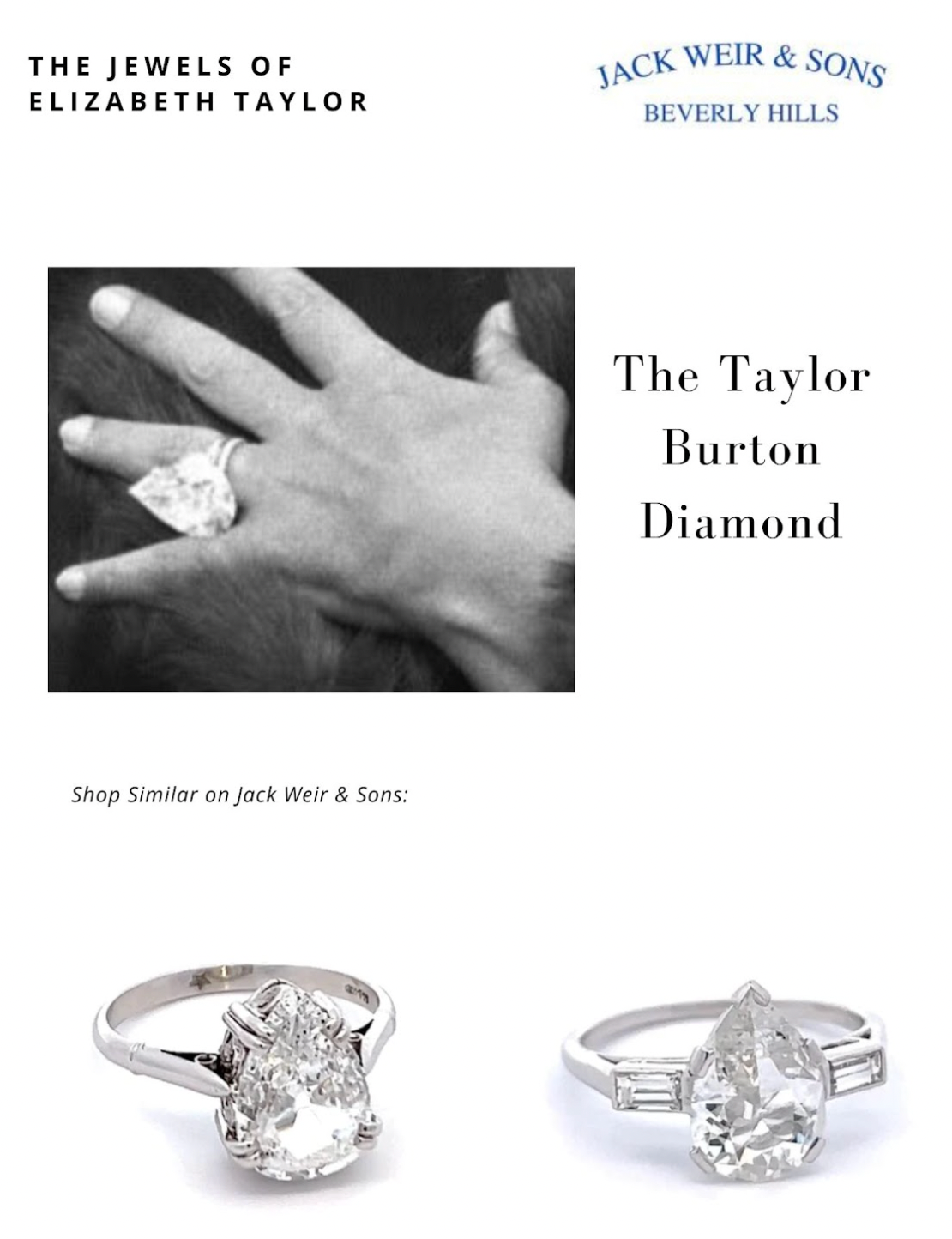 Vertical compilation on a white background featuring the iconic Taylor-Burton diamond ring at the top, followed by two similar diamond rings displayed below it.