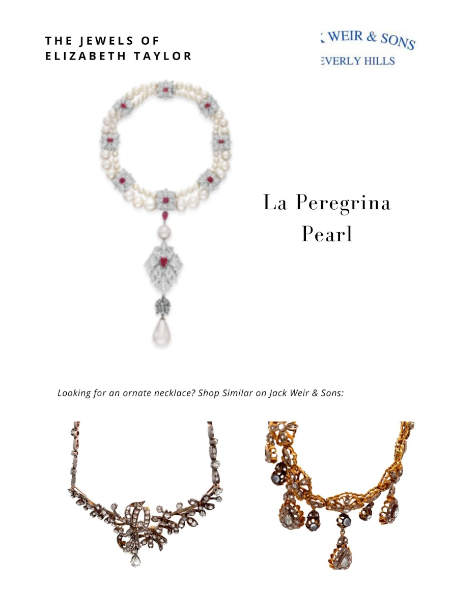 Vertical compilation on a white background featuring the iconic La Peregrina Pearl at the top, followed by two similarly ornate necklaces below it.