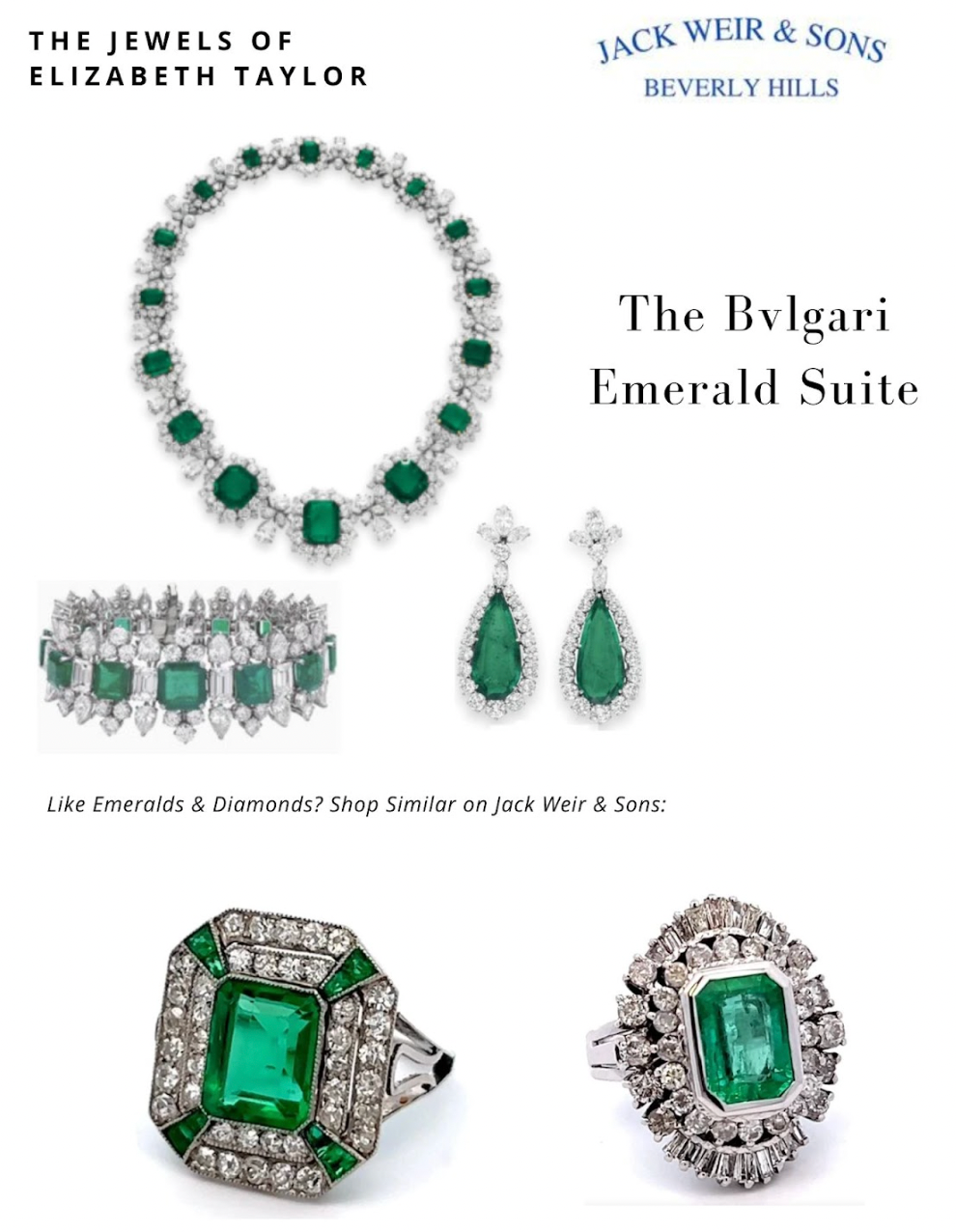Vertical compilation on a white background featuring the iconic Bulgari Emerald Suite at the top, followed by two diamond and emerald rings that evoke a similar feeling below it.