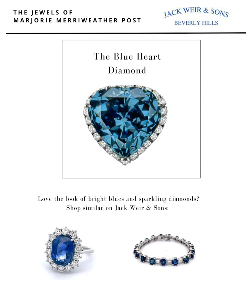 Blue heart diamond photo and 2 sapphires jewels from Jack Weir and Sons