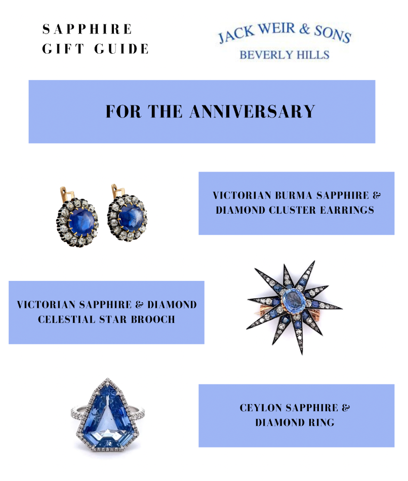 Sapphire gift guide for anniversaries with earrings, brooch and ring
