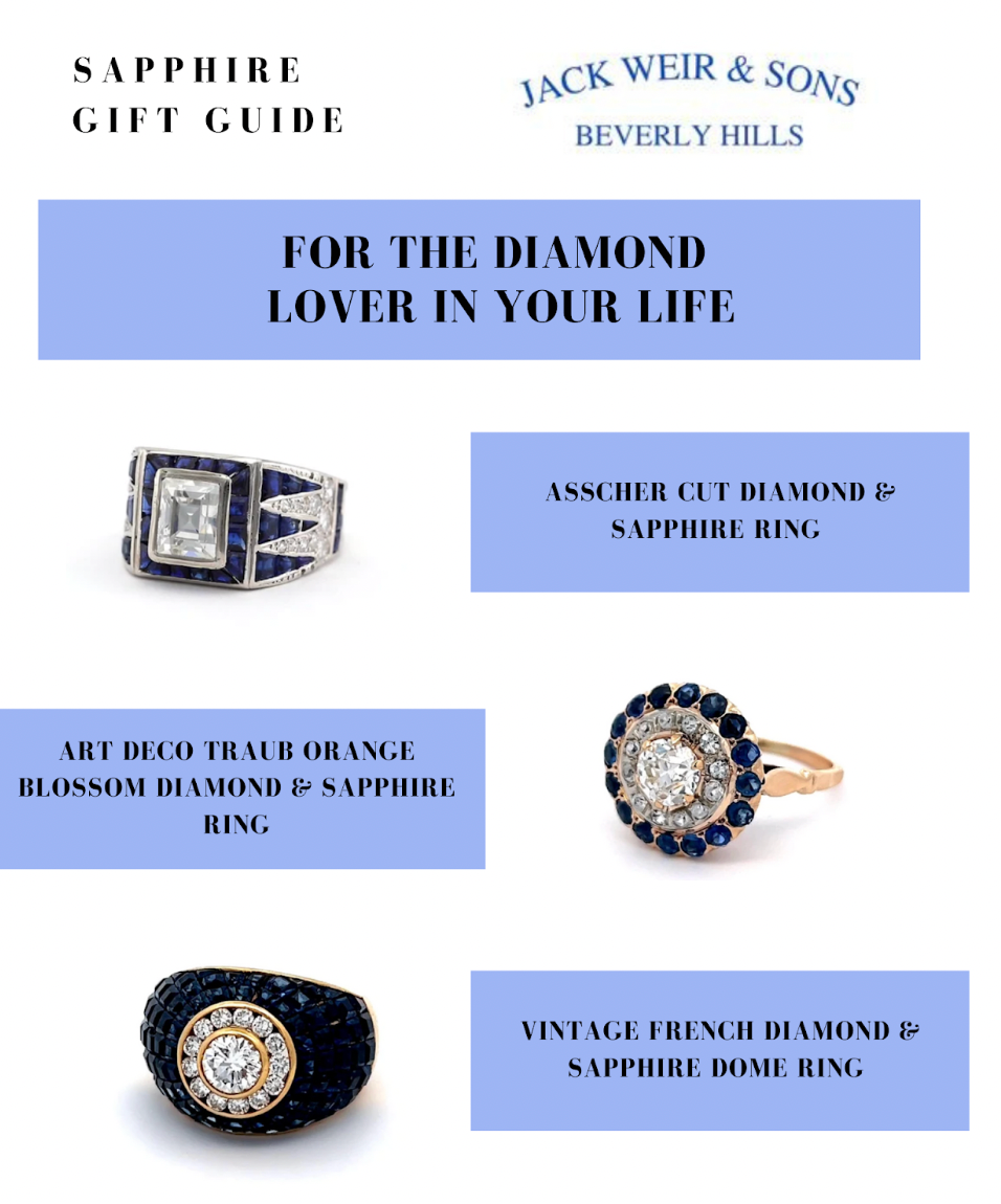 Sapphire gift guide with an asscher cut diamond, orange blossom diamond and sapphire dome ring