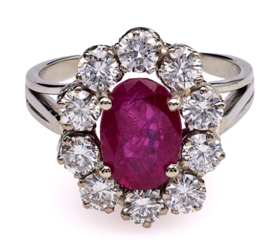 Burma no heat ruby diamond cluster ring on a platinum setting