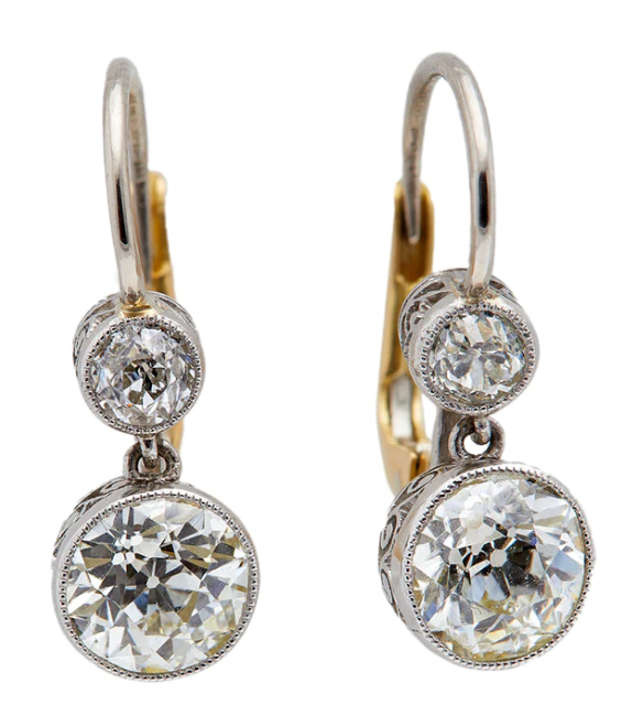 Antique inspired two 2.47 carat old european cut drop earrings on platinum setting