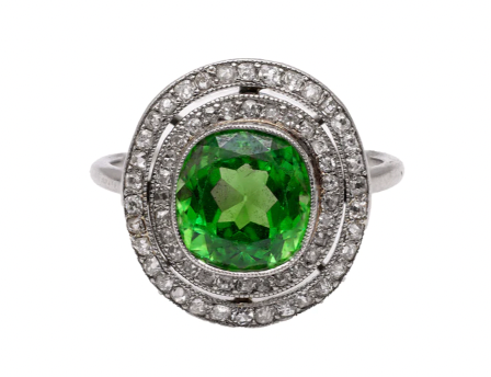 Cushion cut demantoid garnet diamond ring