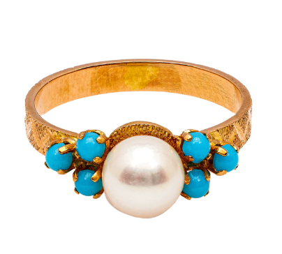 Gold ring with a pearl and turquoise