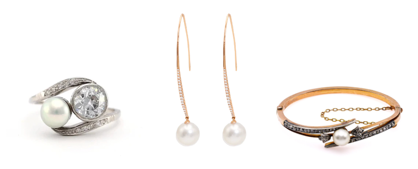 toi et moi pearl and diamond ring, pearl earrings on gold and a pearl bracelet
