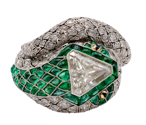 Large snake and diamond ring with a triangular cut diamond