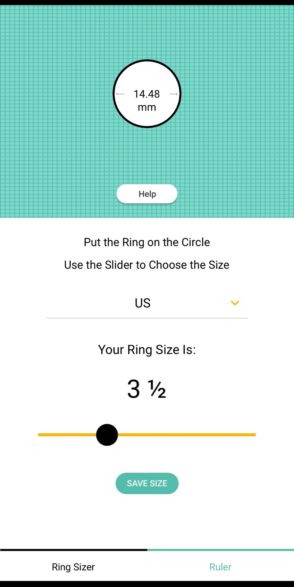 “戒指尺寸测量器”应用程序中不同屏幕的图像