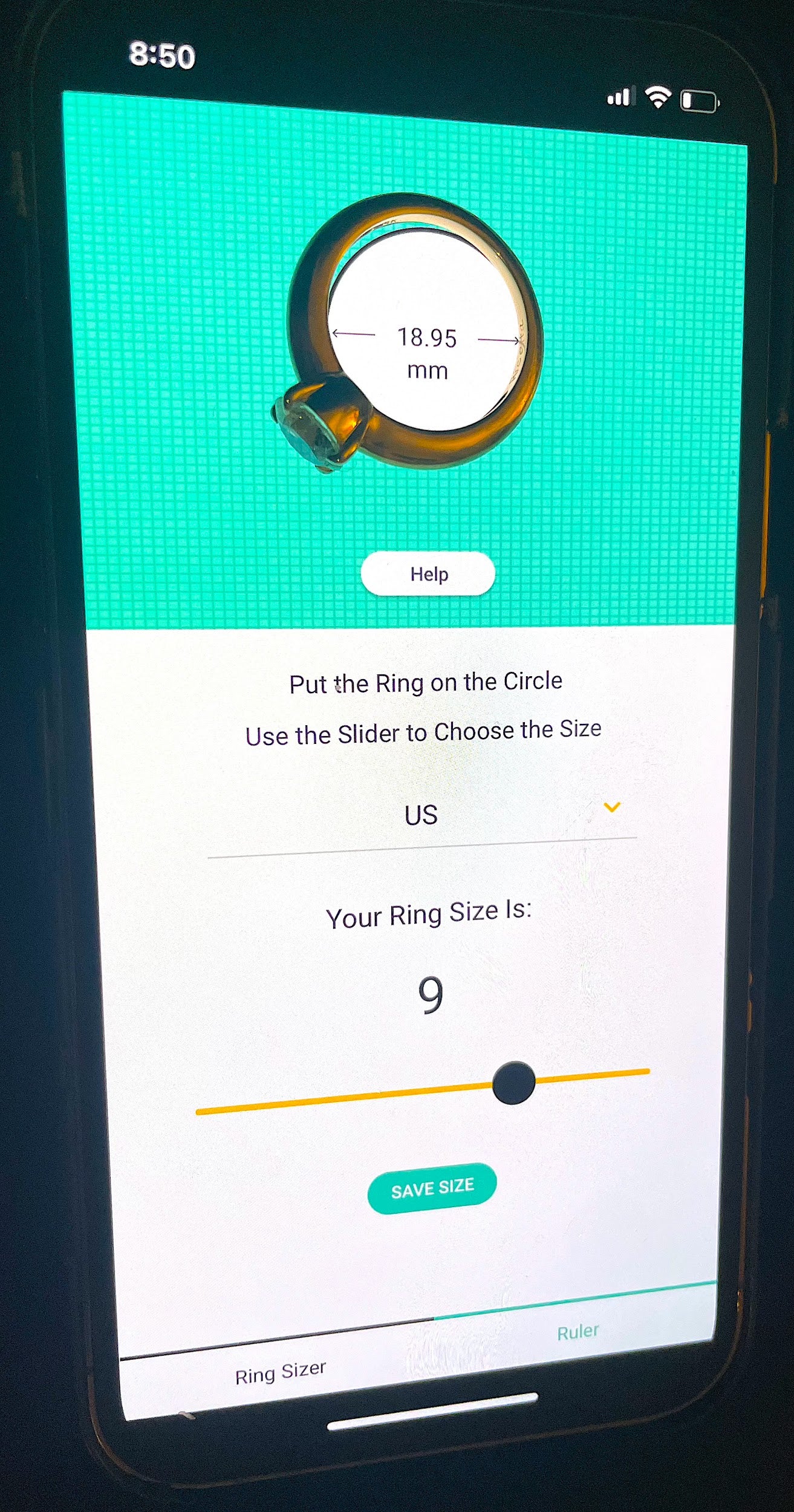 Image of different screens in the "ring sizer" app