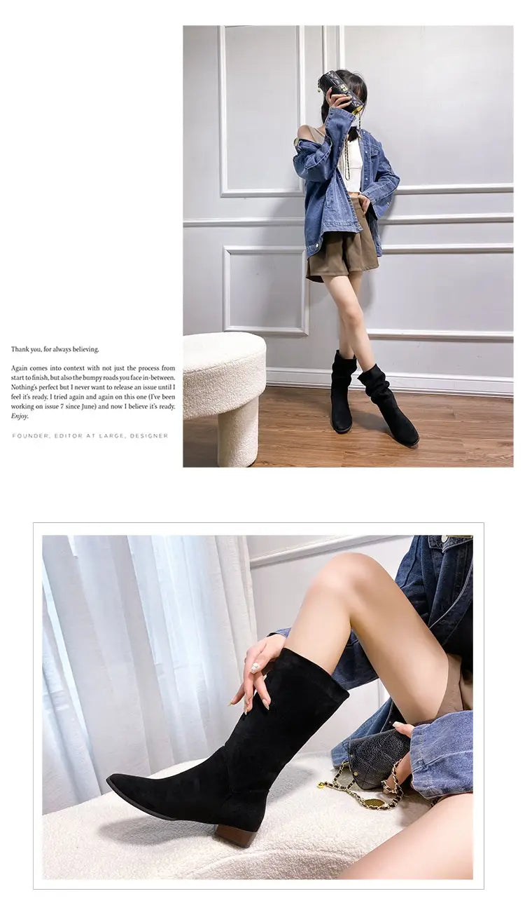 Pointed Toe Retro Middle Boots Simple Thick Heel Below The Knee