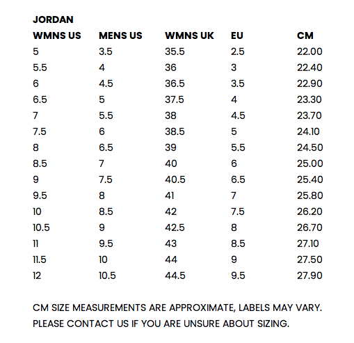 jordan sock size chart