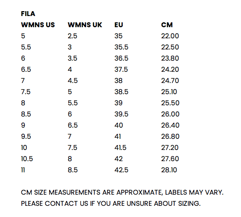 Fila Womens Size Guide | SOLE FINESS