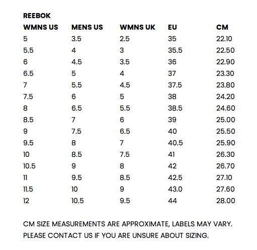 Womens Reebok Size Guide | SOLE FINESS