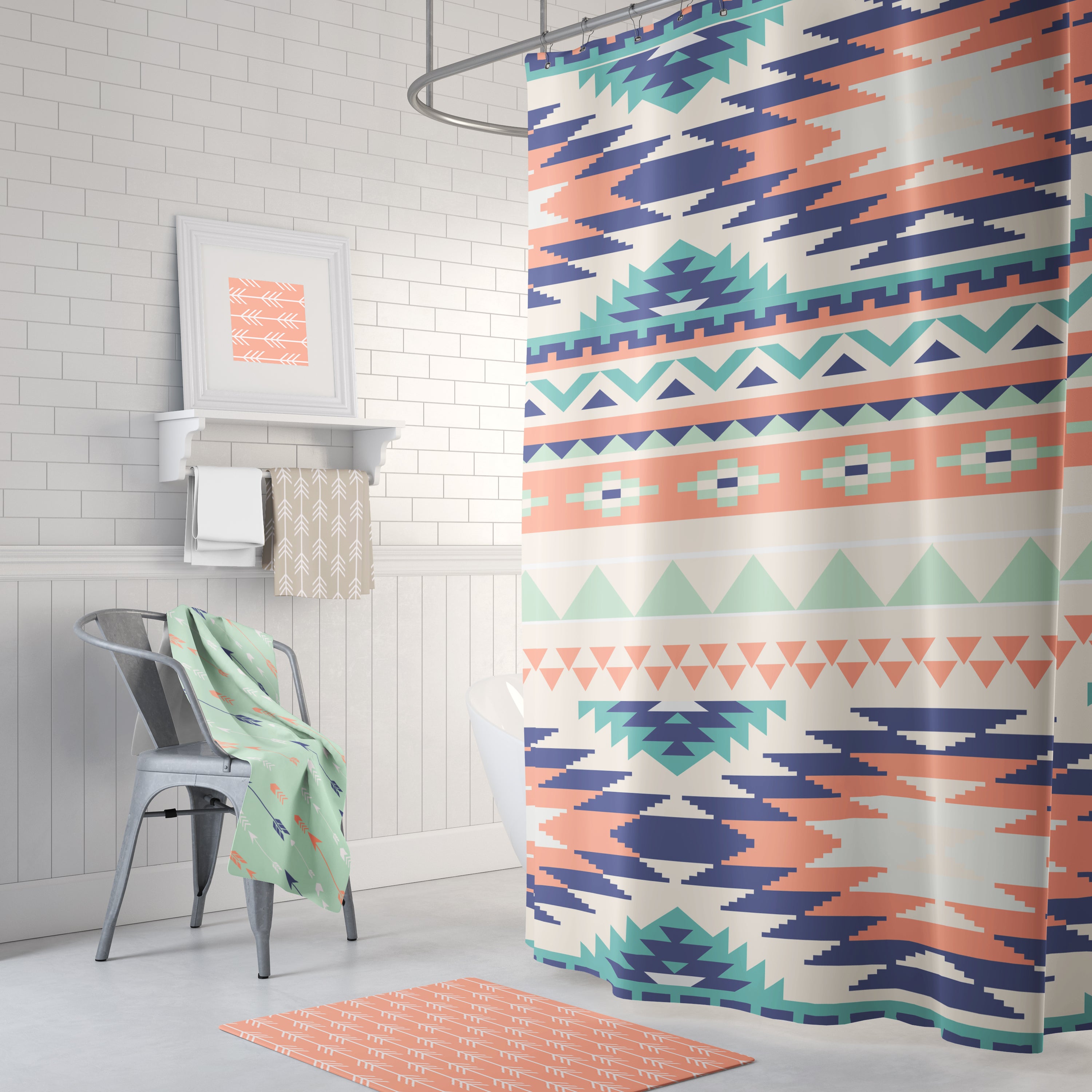 Aztec Mint Peach Navy Gray Shower Curtain Bathroom Collection