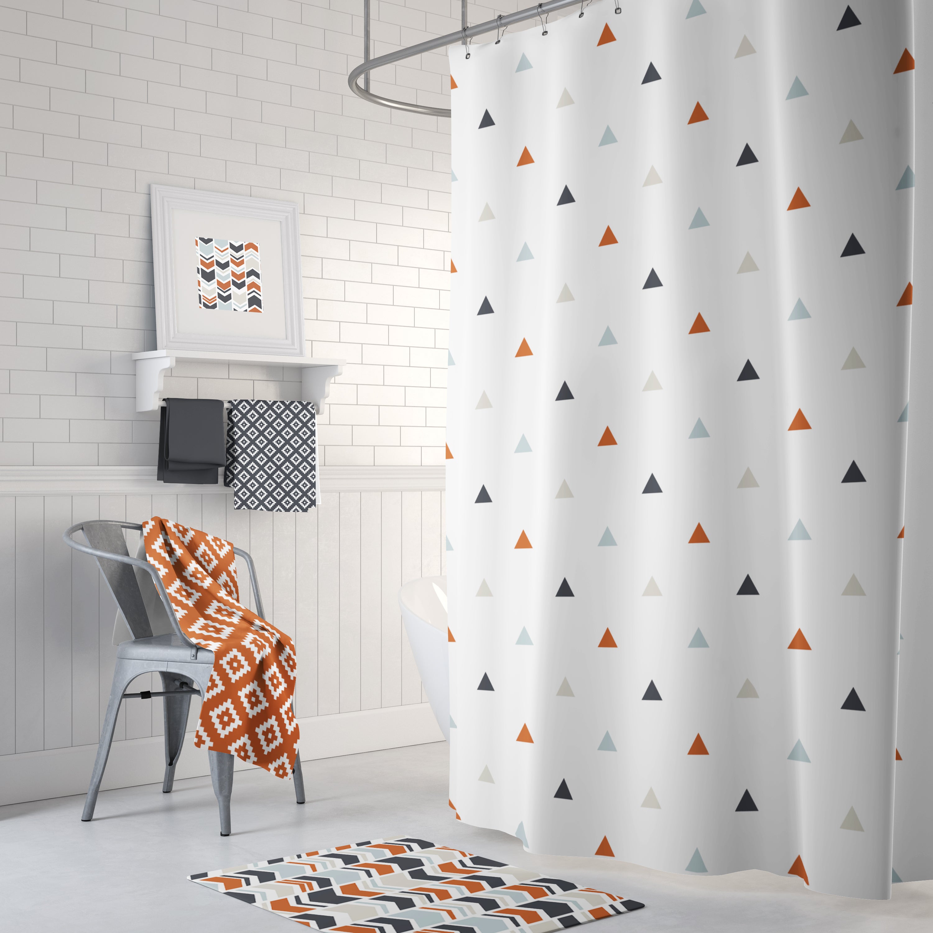 navy and orange shower curtain