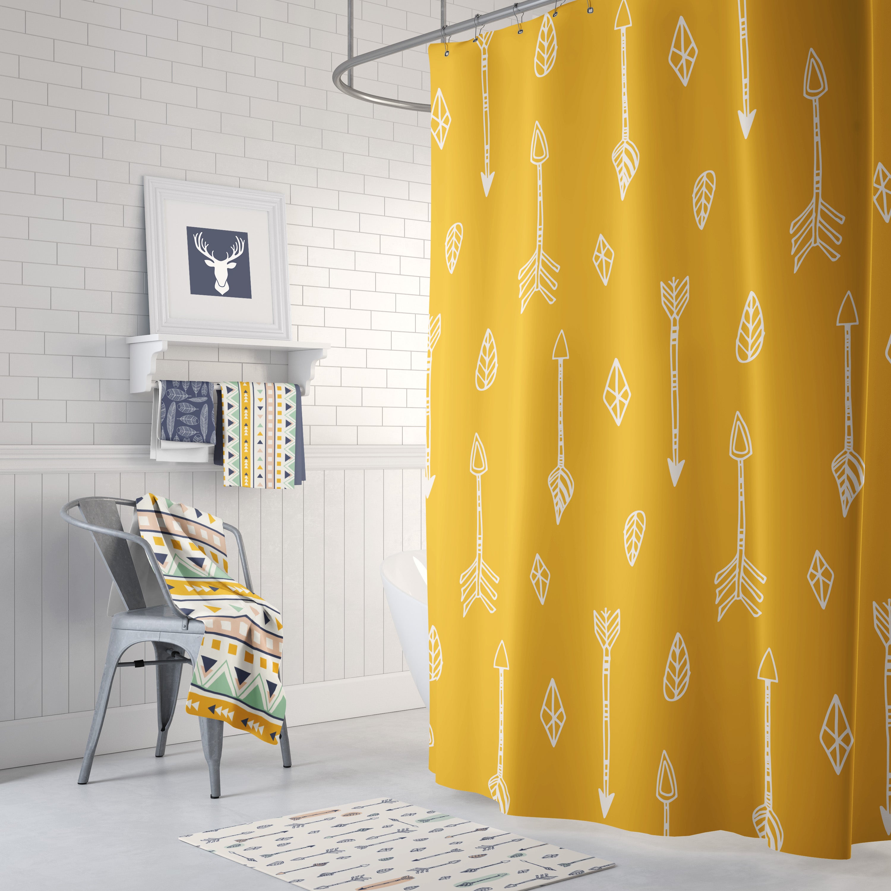 mustard and blue shower curtain