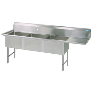 BK Resources 16 GA 3 Compartment Sink 16 X 20 X 14D Bowls, Right Drainboard