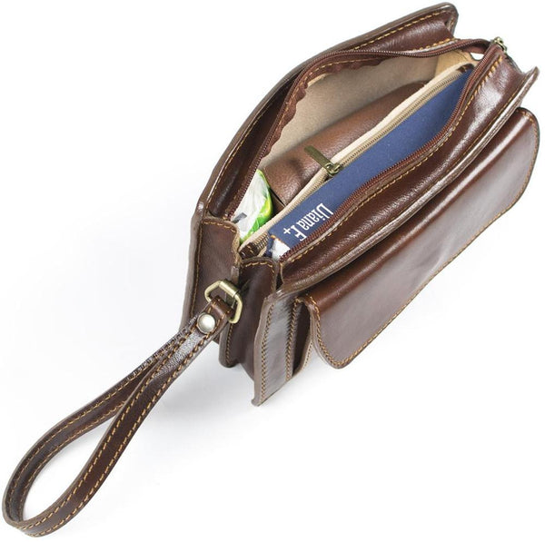 Italian leather Mens Travel Organizer Wrist Bag Clutch - Dark Brown - Rivello Leather