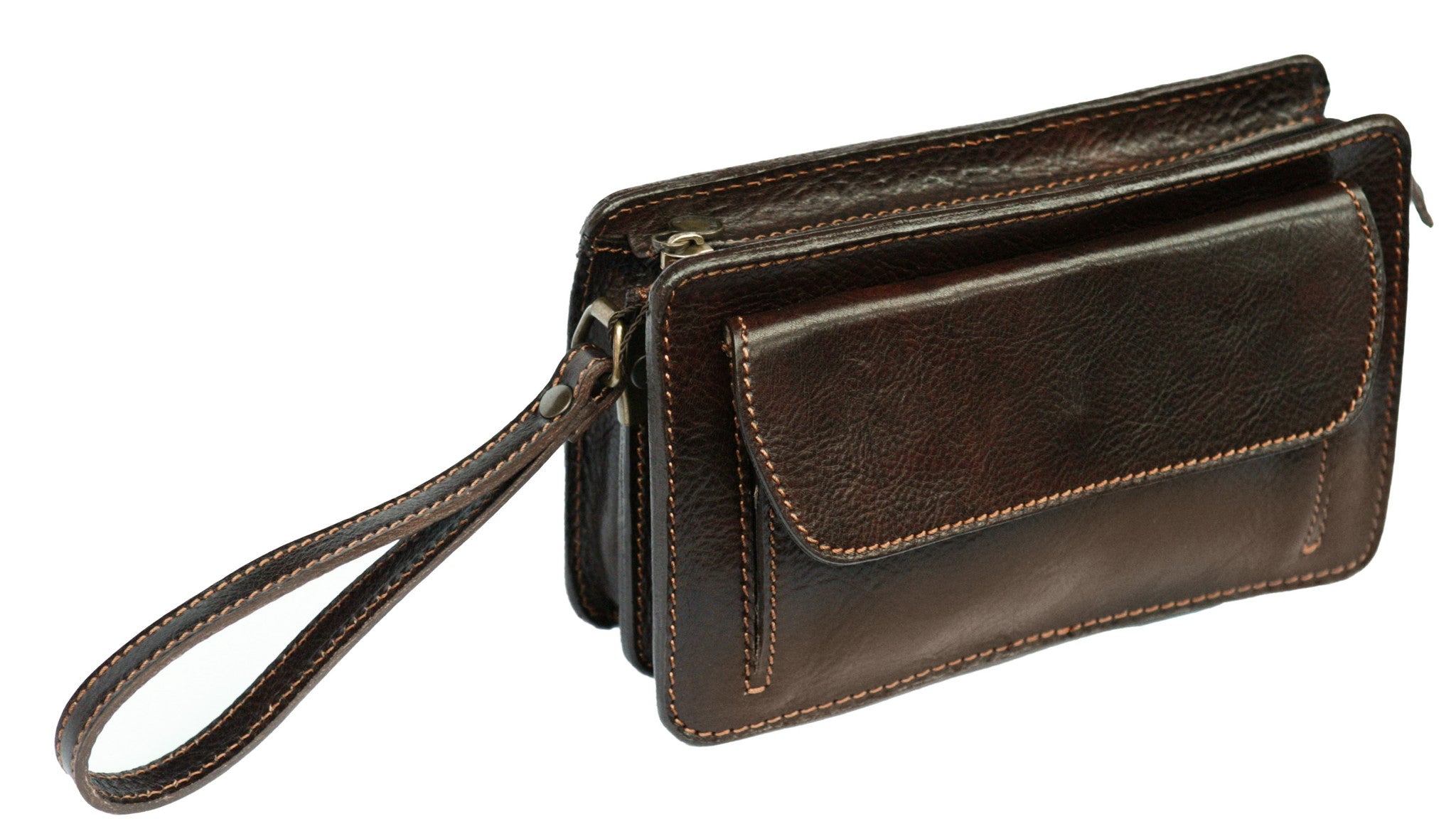 Italian leather Mens Travel Organizer Wrist Bag Clutch - Dark Brown - Rivello Leather