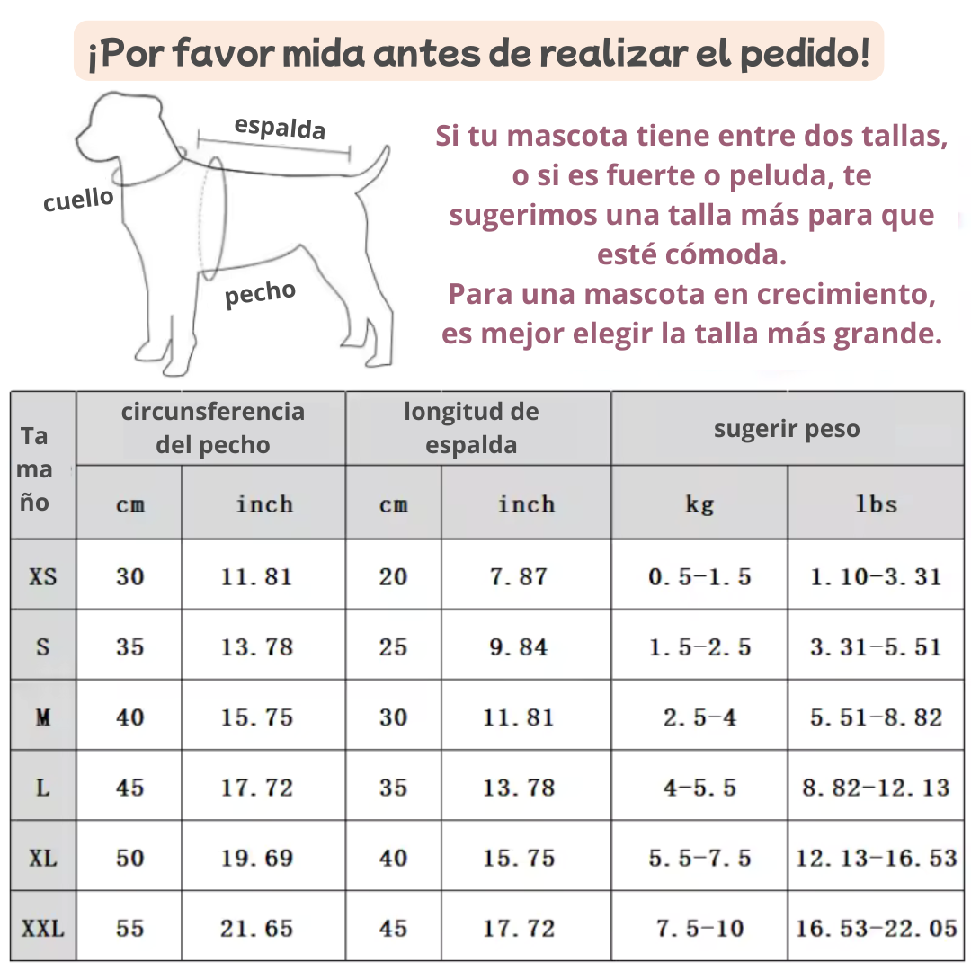 Guía de tallas del Top Rayé para perros
