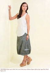 Style 12577, Birdie Tank, Linen & Mini Jersey in Alabaster Pigment; Style 21734, Logan Skirt, Stretch Poplin in Oil Wash Spruce.
