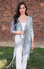 Style 12583, Maui Cardi, Rayon Voile & Slub Modal in Spray Ember Wash; Style 21741, Annalisa Pant, Summer Twill in White